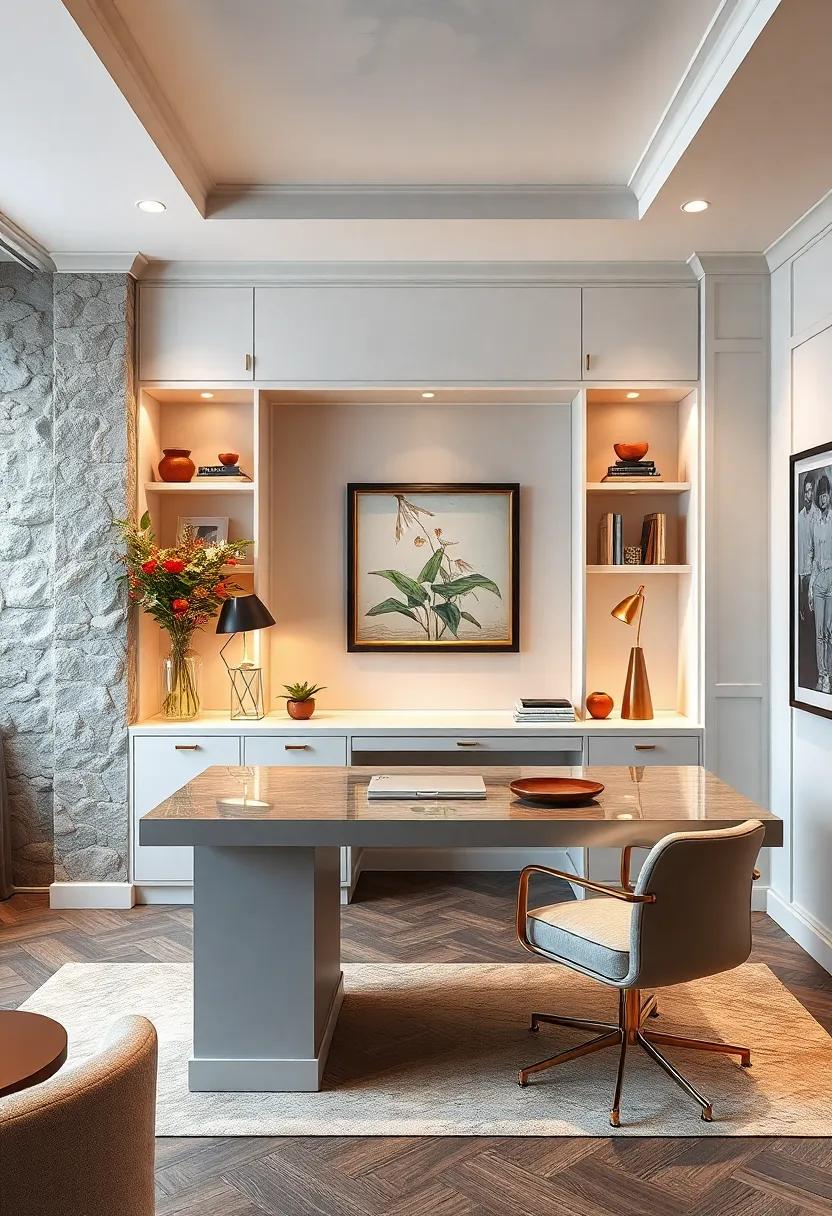 Glamorous Metallics:⁢ Experience​ the luxury of a ​home office⁢ adorned with a glamorous built-in desk​ featuring metallic finishes and chic​ accents,‍ creating a sophisticated atmosphere perfect for ​the discerning professional