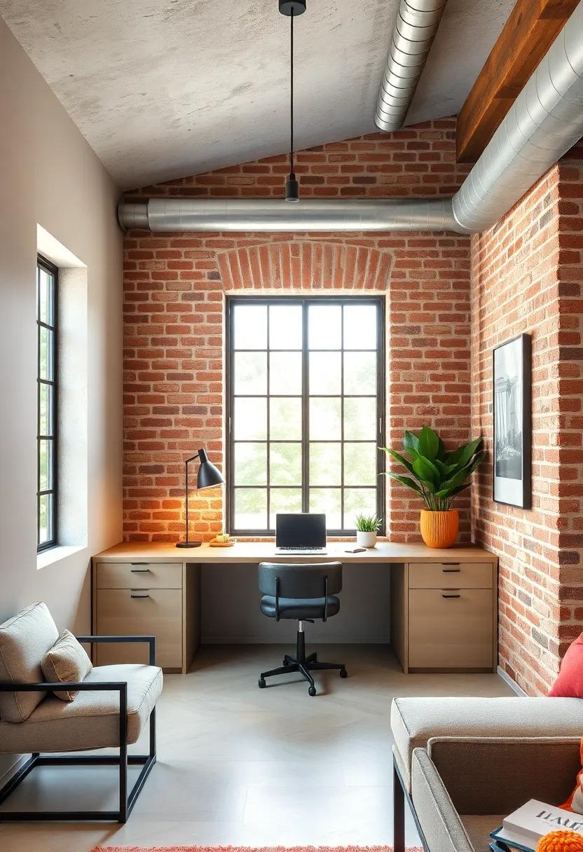 Industrial⁣ Edge: Take a look at an‌ industrial-themed office space where a‌ sleek‍ metal built-in​ desk contrasts beautifully with exposed ⁣brick and rustic beams, ⁣offering a bold, contemporary workspace