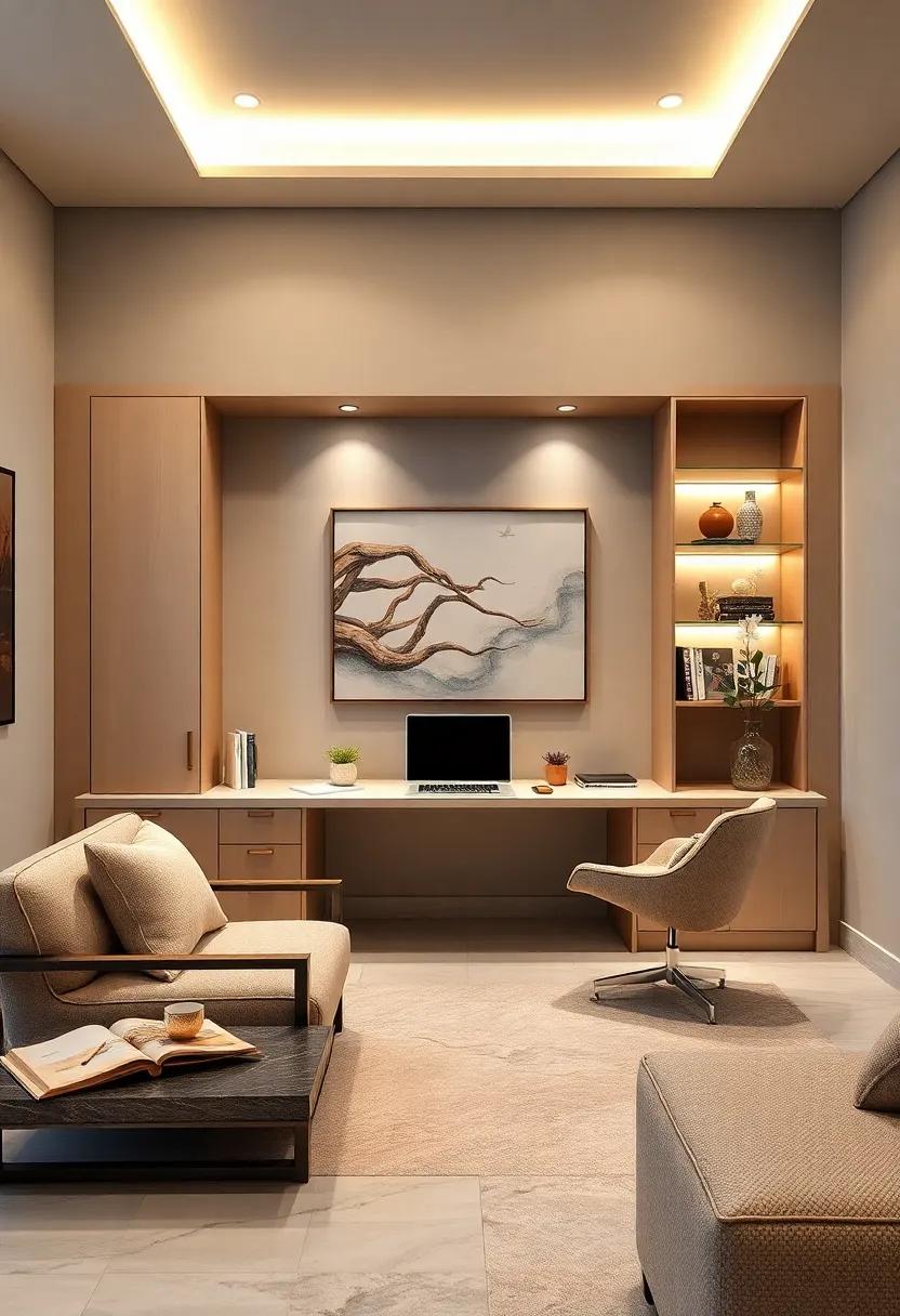 Sophisticated Neutrals: Admire a polished ⁤office space defined by​ a stunning built-in‌ desk in neutral tones,complemented ⁤by matching cabinetry and soft‍ lighting,fostering a calming and‌ focused ⁣work environment
