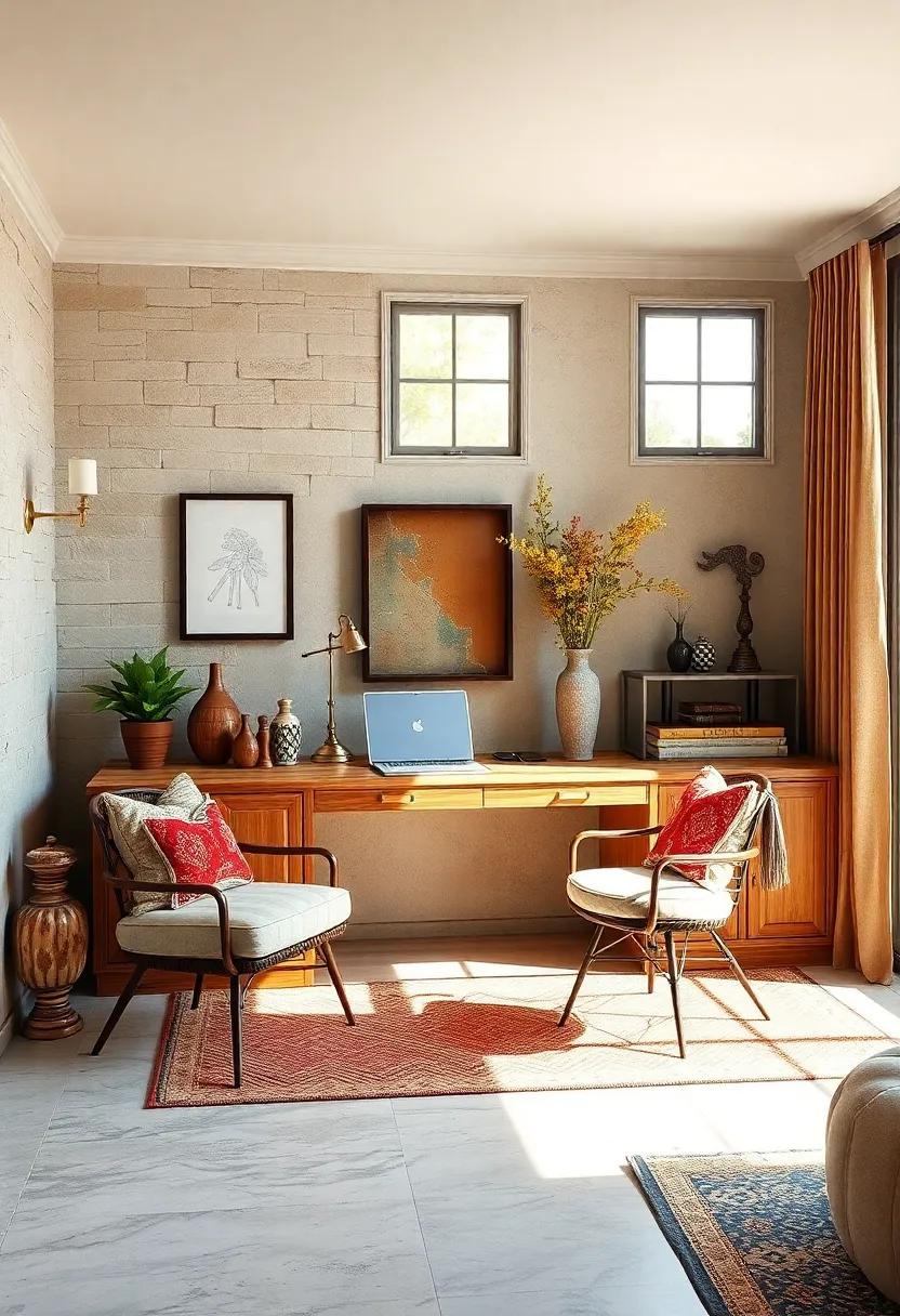 Rustic Elegance: discover a charming⁤ home office featuring ⁢a rustic wooden⁣ built-in desk that ⁣exudes warmth and character, perfectly complemented by⁤ vintage decor elements and natural light streaming in from large‌ windows