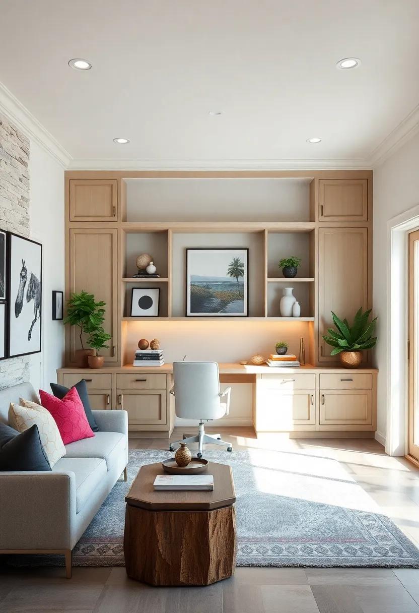 Modern Farmhouse Appeal:⁣ step into a cozy home office where a ⁣built-in ‍desk with farmhouse charm meets modern design, creating ⁢a perfect blend of comfort and ⁢functionality