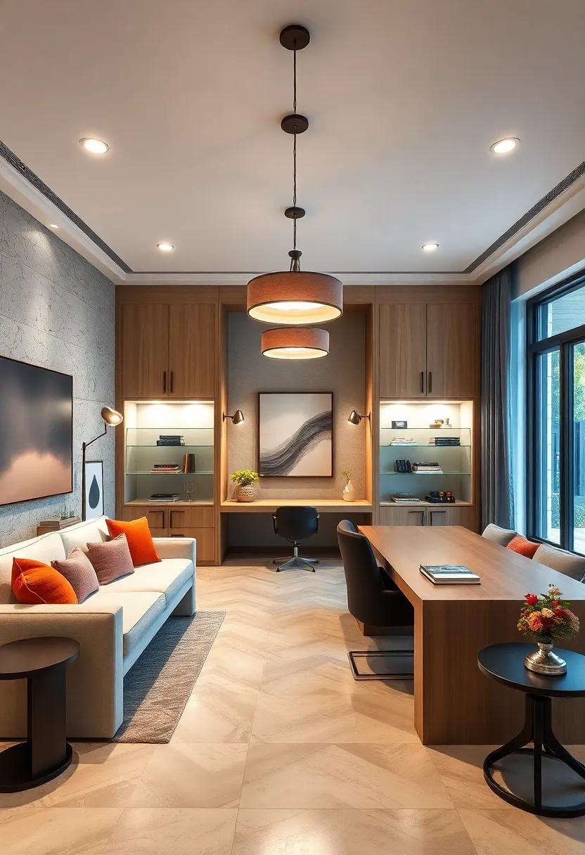 Statement Lighting: ⁢Marvel⁢ at a luxury home office ⁣where ⁣an ‍impressive built-in ​desk is illuminated ⁣by ‌striking pendant lights, enhancing the elegance of the space while providing ample task lighting