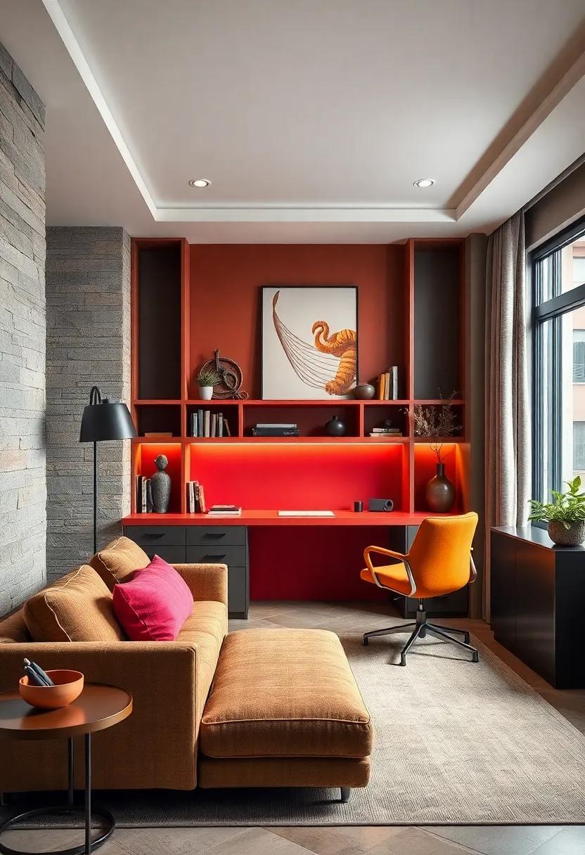 Bold Color ‌Statements: Discover a ⁣daring home ‍office designed with a striking built-in desk in a bold hue,making ⁣a statement ‍against a backdrop of contrasting colors that stimulate creativity