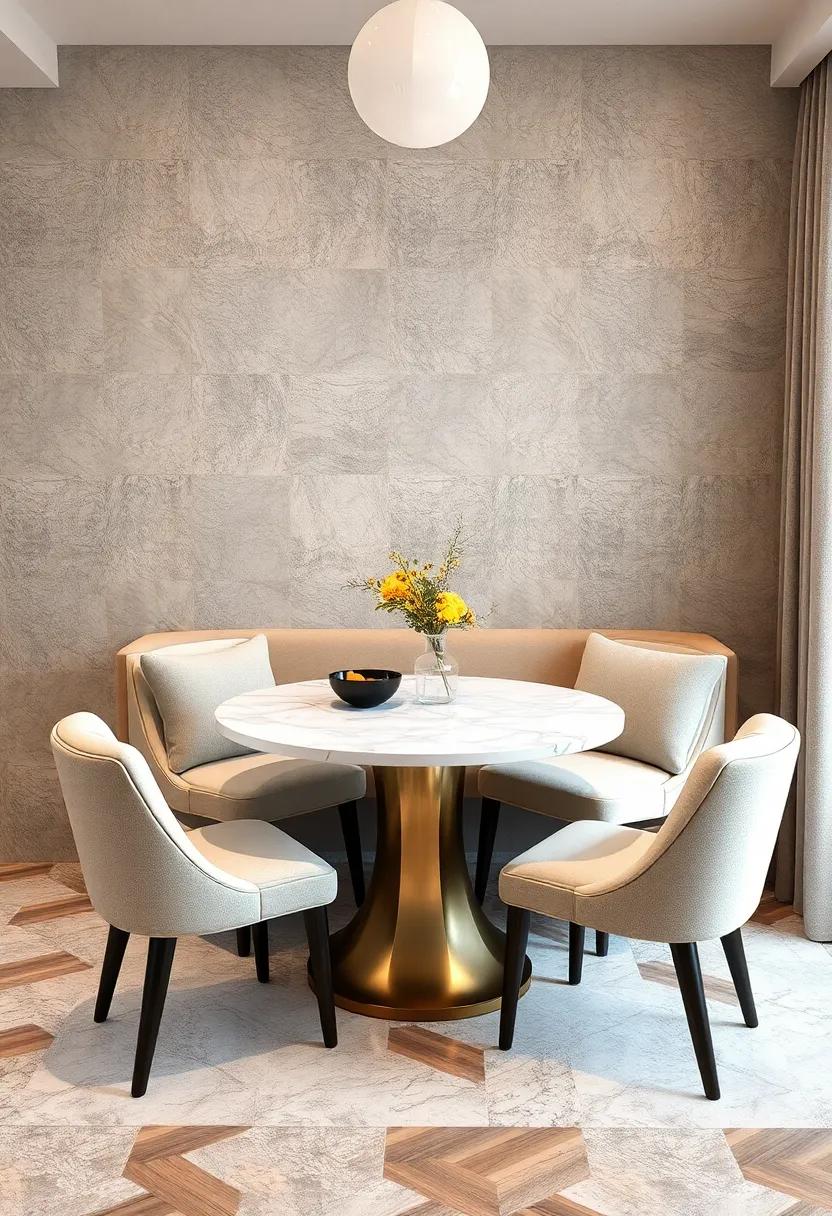 Create a ‍cozy dining ‍nook with‍ a small, round marble‍ table surrounded by plush upholstered chairs, fostering comfort and style