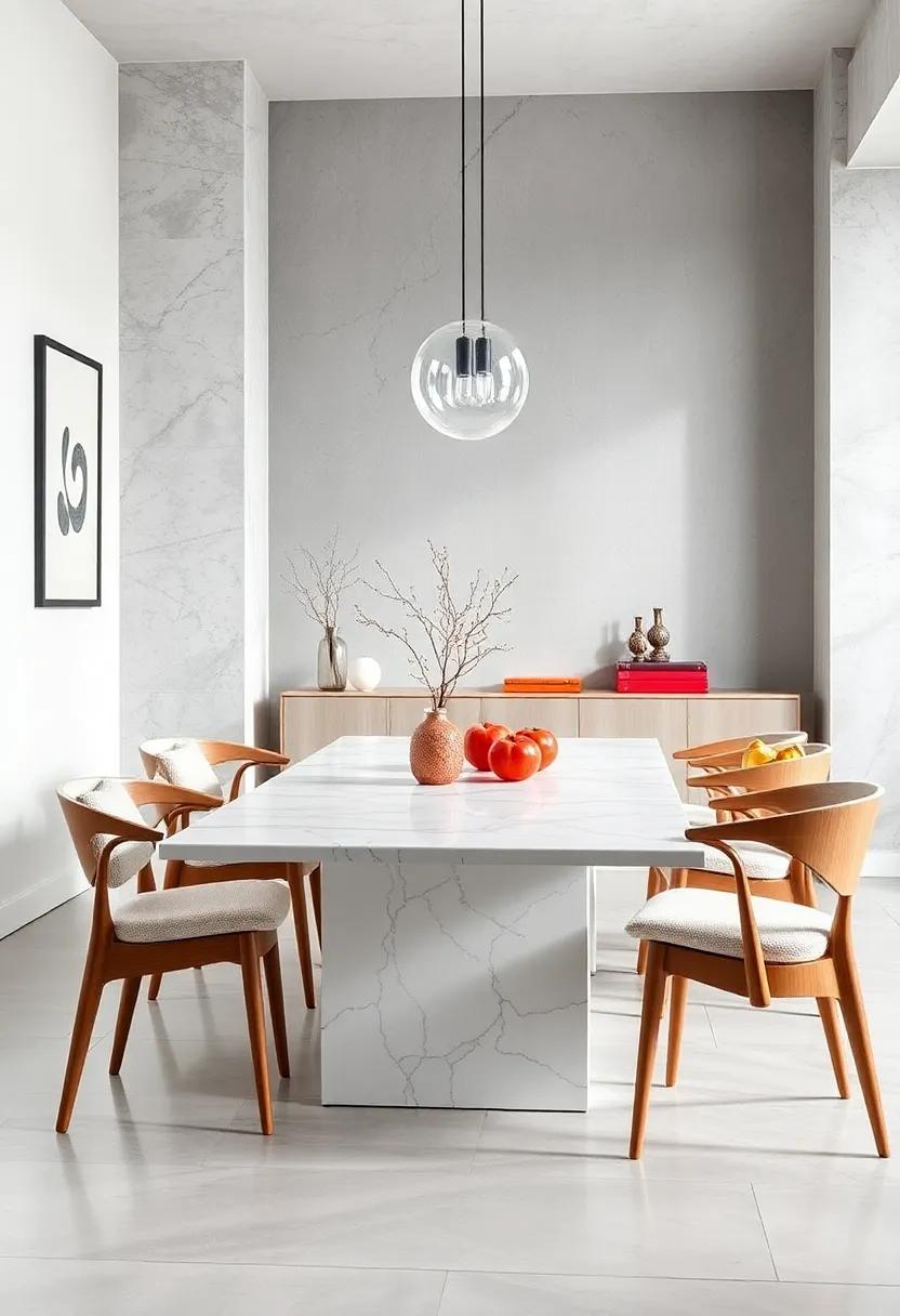 Explore a minimalist marble dining table in⁢ sleek white, complemented by contemporary wooden chairs that balance modern design with organic ‌warmth
