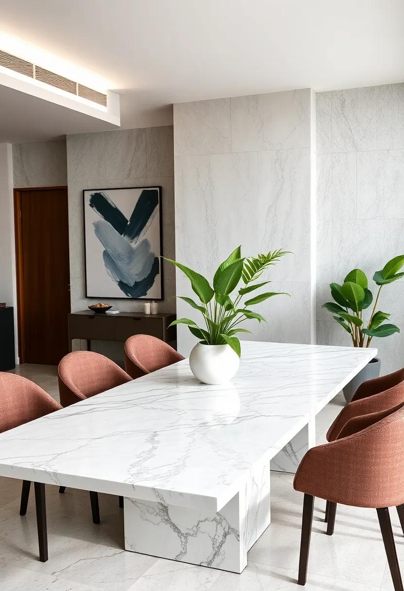 Explore the harmony of natural elements by ​integrating a ‍plant centerpiece‍ on a ​marble table, combining luxury with⁤ organic⁢ beauty