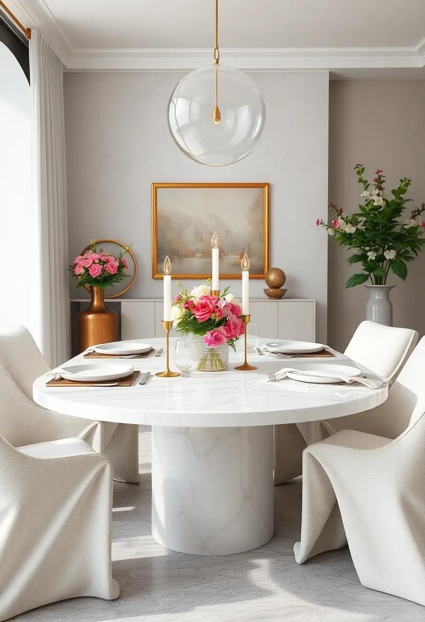 Find inspiration in⁢ a classic‍ white ‌marble table adorned with elegant candleholders and fresh flowers, setting the stage for a romantic dinner