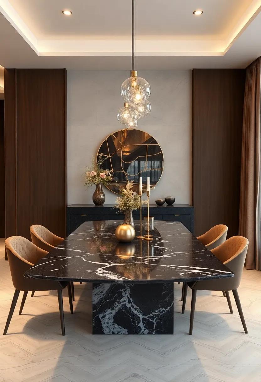 Indulge‌ in the sophisticated vibe of a ​dark marble table accented by metallic accessories, ideal for‌ a high-end dining experience