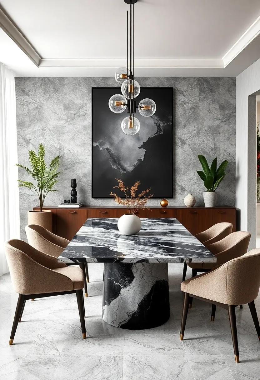 Marvel at a sophisticated ⁢two-tone marble dining table, mixing ⁢dark and‍ light hues for a unique aesthetic that sparks ⁣conversation