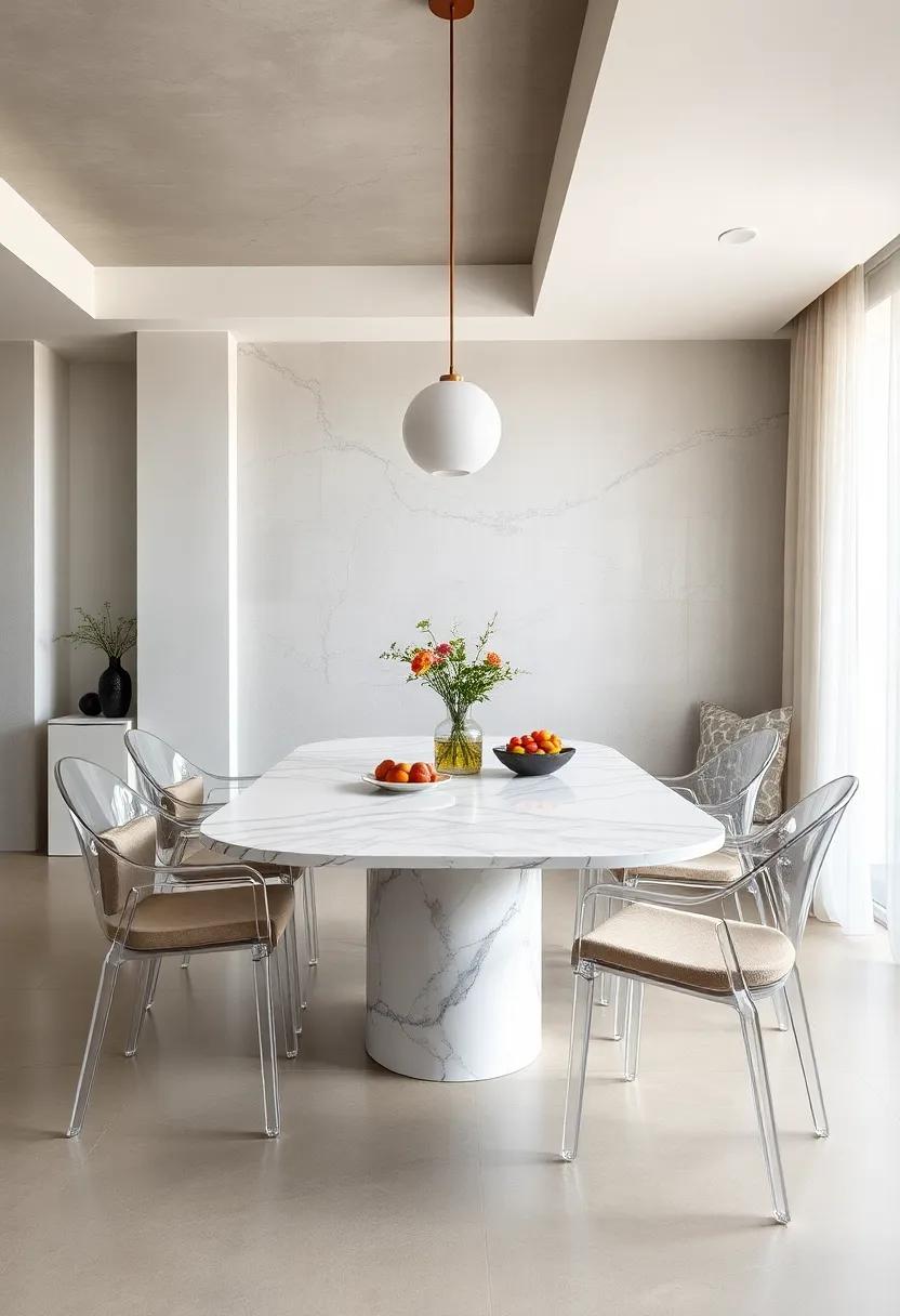 Pair a sleek marble table with clear acrylic ‌chairs for a lighter look, maintaining an airy‌ feel ‍in ‍compact dining spaces