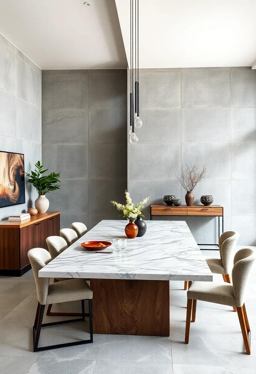 Turn heads with a rugged, industrial-style marble‍ dining table contrasted with raw wood‍ elements, ⁢defining an urban-chic aesthetic