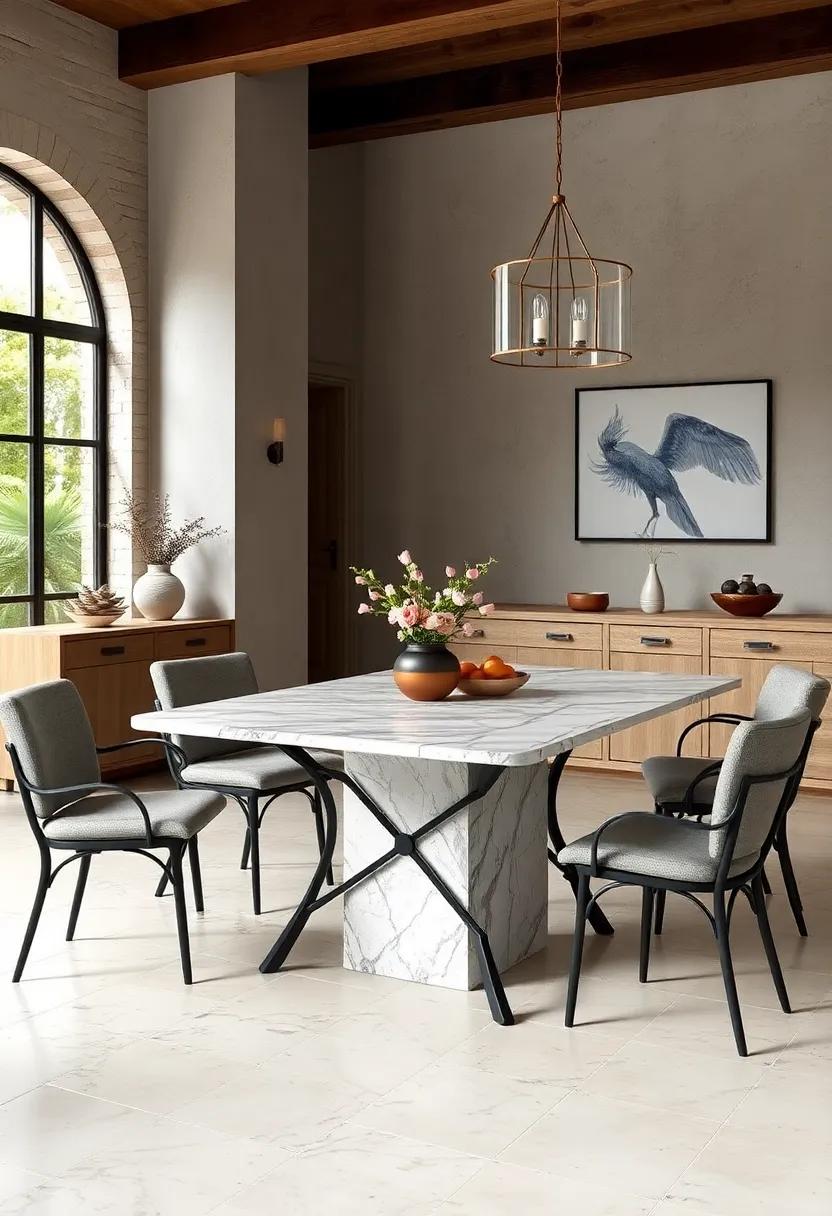 Uncover the charm of a ​rustic ‌marble table paired‍ with wrought iron accents, creating​ a ‍striking contrast that enhances the ​farmhouse aesthetic