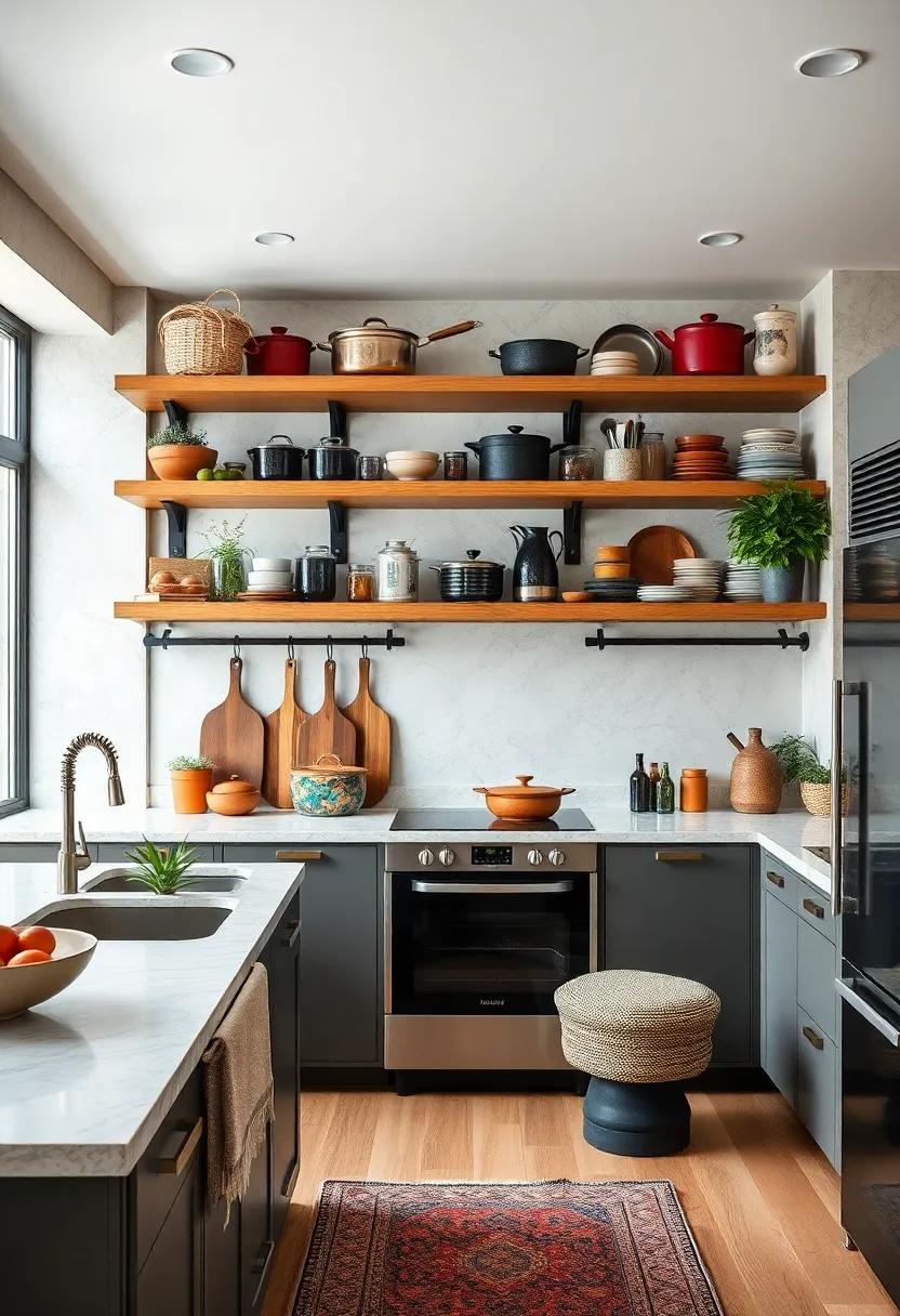Artful⁢ display of cookware: Open shelving can be‍ a canvas for showcasing eclectic cookware—think mismatched pots and pans as art