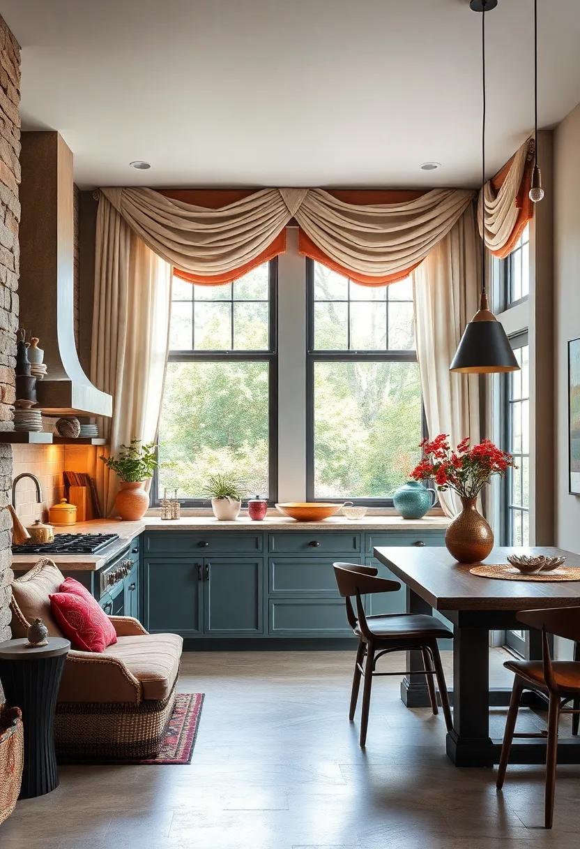 Dramatic ‍window ⁤treatments:‌ Use layered, colorful fabrics for curtains that can add texture and softness to the kitchen while ​enhancing its eclectic charm