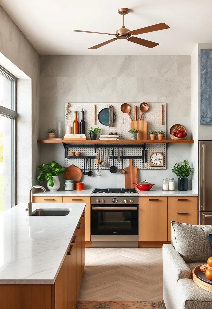 Functional installations: Create a wall-mounted pegboard for kitchen tools and utensils, blending form and function while staying visually appealing