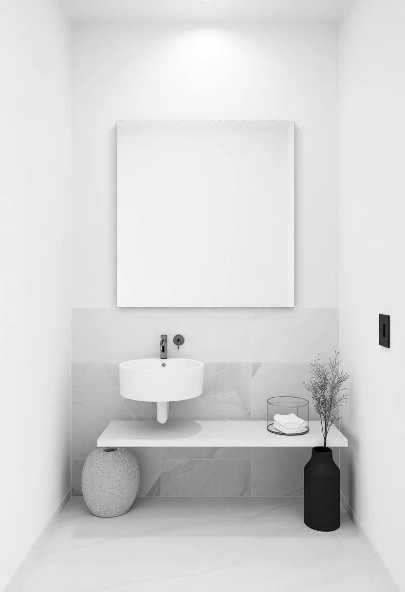 Dive into a tranquil monochrome theme where a frameless mirror reflects the artistic tiles, merging function and art for a sophisticated‌ design