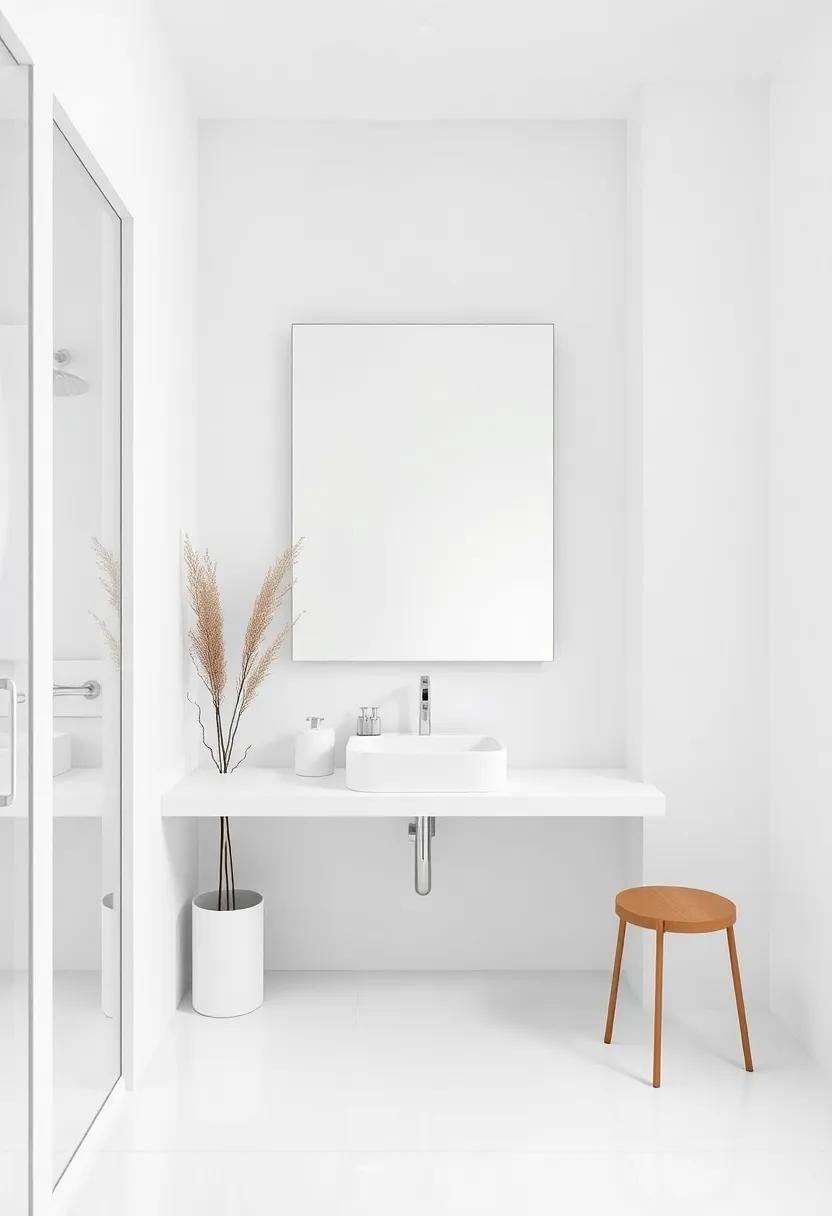 Embrace the serenity of a pure white backdrop⁣ paired with a frameless ⁢mirror, accentuating sleek lines and creating an⁢ illusion of space ⁣in this calming retreat