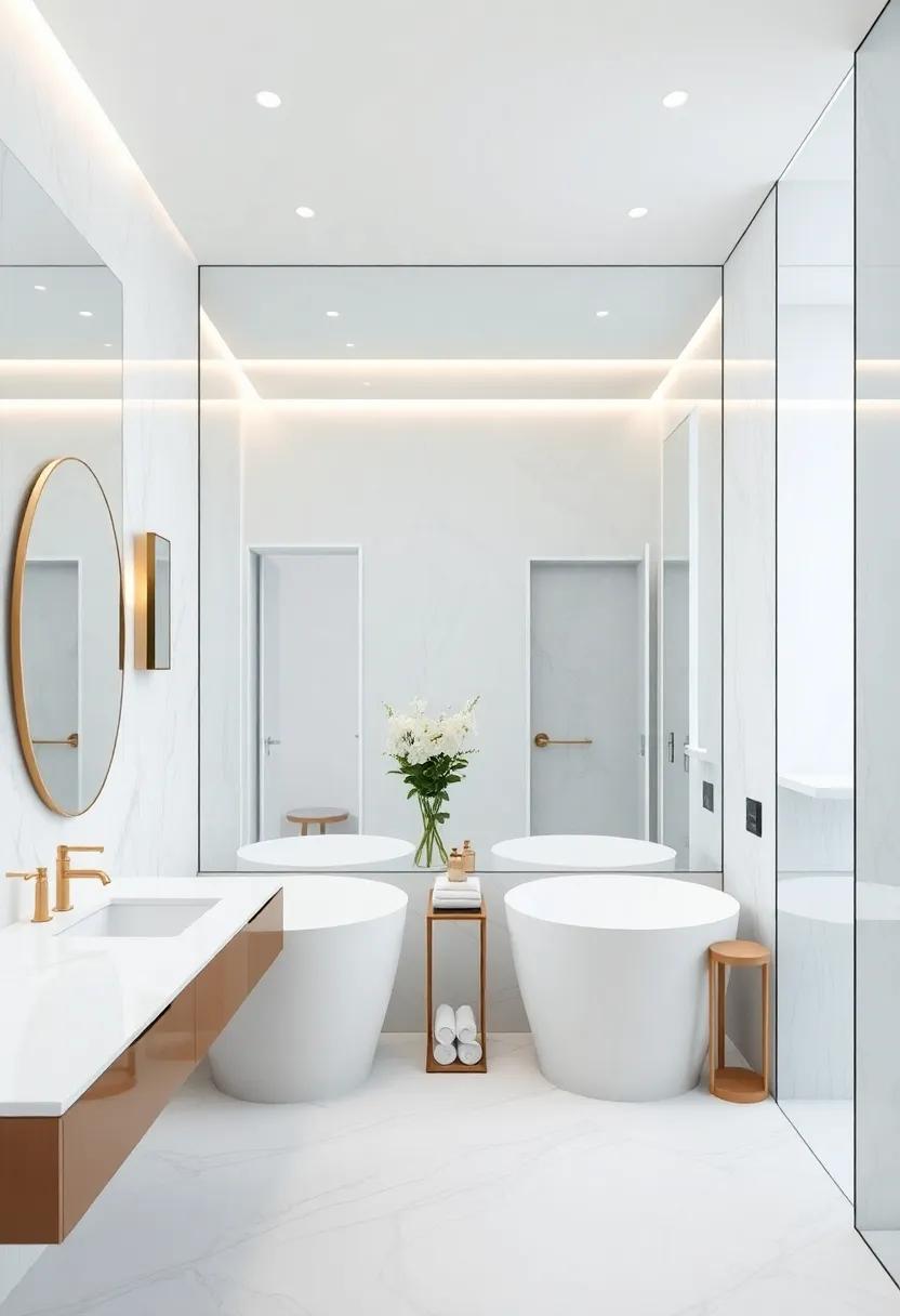 A frameless mirror in a luxurious setting reflects the opulent ​detailing of this bathroom, subtly enhancing each element without overpowering the​ elegant⁣ simplicity