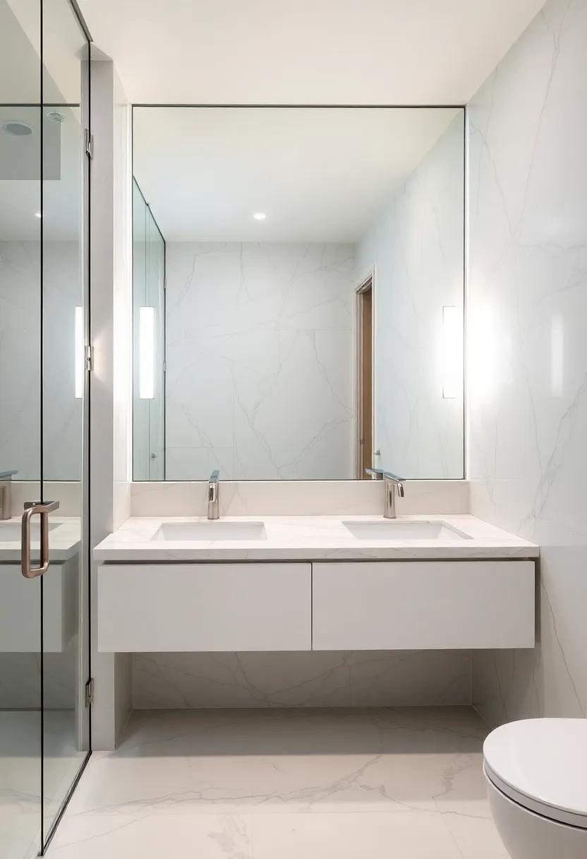 Marbled ⁢surfaces meet sleek fixtures in this sophisticated ⁣bathroom, where a frameless ​mirror enhances the luxurious feel without overwhelming the minimalist vision