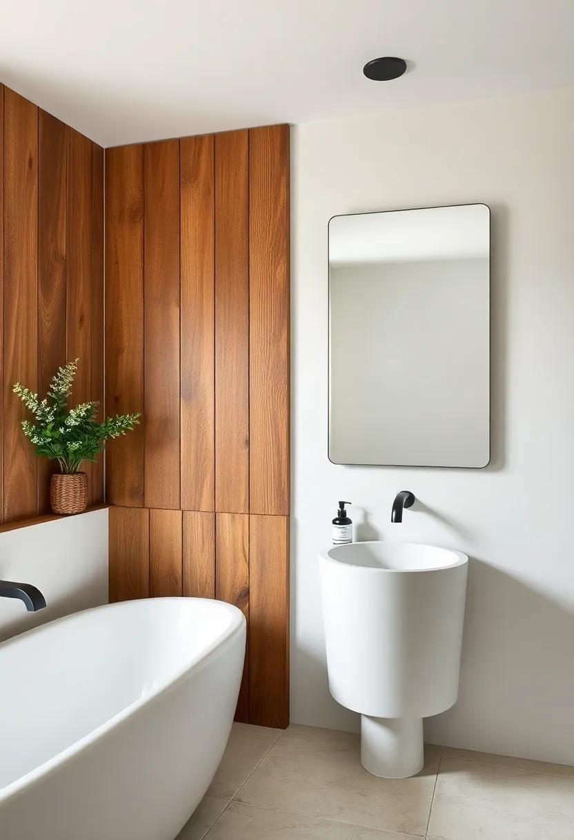 A rustic charm unfolds in this ⁣minimalist space, where a frameless mirror complements reclaimed wood accents, marrying modern elegance with earthy ⁢textures