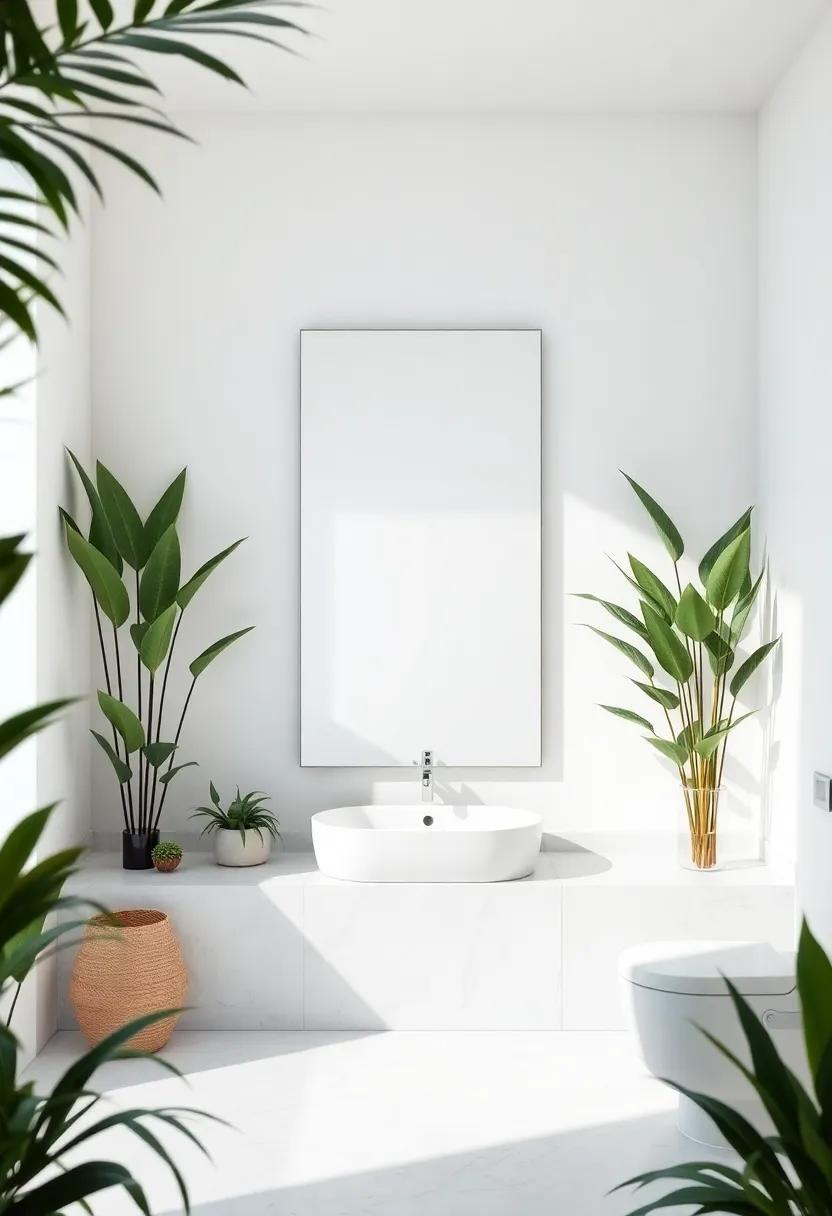 Step into a zen-inspired oasis where a frameless ⁣mirror, framed by plants, creates a seamless⁣ transition ⁤between nature and the minimalist interior