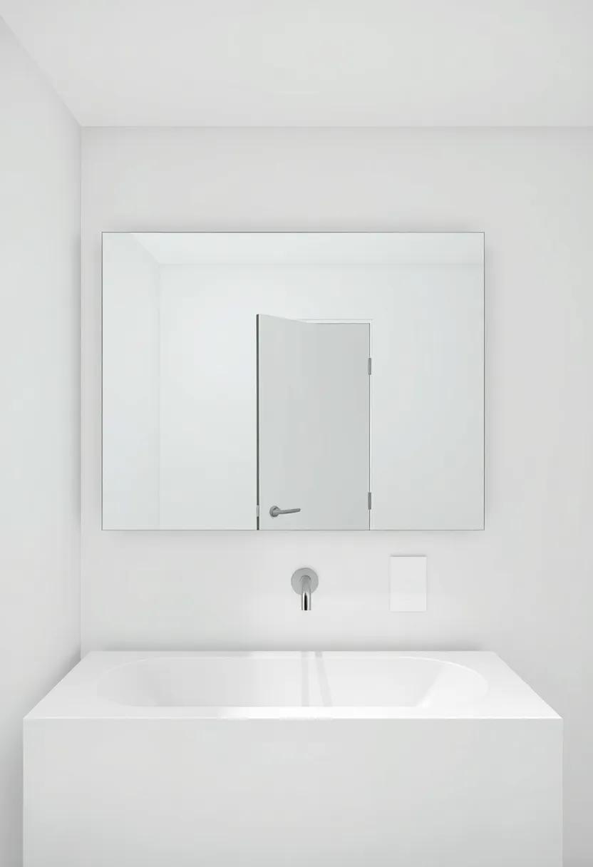 This minimalist bathroom showcases a rectangular frameless mirror that doubles as a work of art, elegantly bouncing light around the room while maintaining a clean aesthetic
