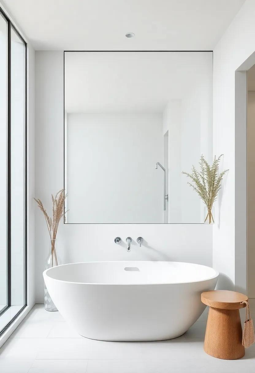 This minimalist ‍bathroom is grounded by a deep bathtub, and the frameless mirror provides an airy feel, effortlessly blending ⁣traditional comfort with contemporary design