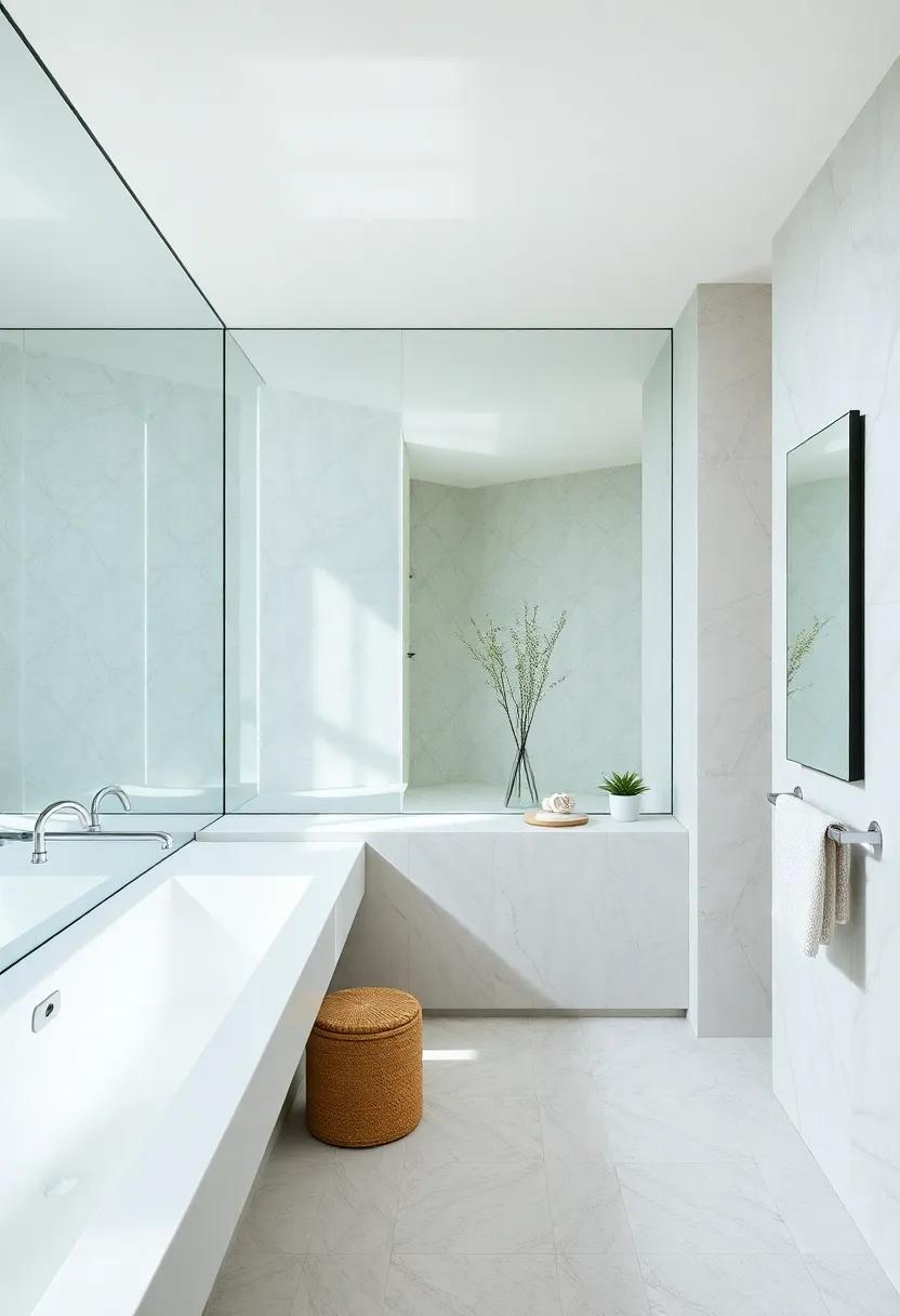 In this bathroom, a‌ frameless mirror plays an essential ⁣role in reflecting bold geometric shapes, enhancing the architecture’s unique design​ while keeping the space uncluttered