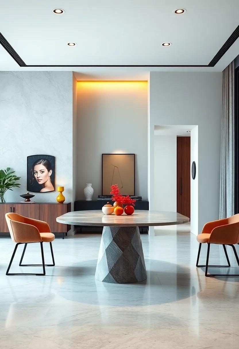 The Floating Illusion: A table mounted on a central pedestal,giving the impression of floating and creating a sense of openness in the space