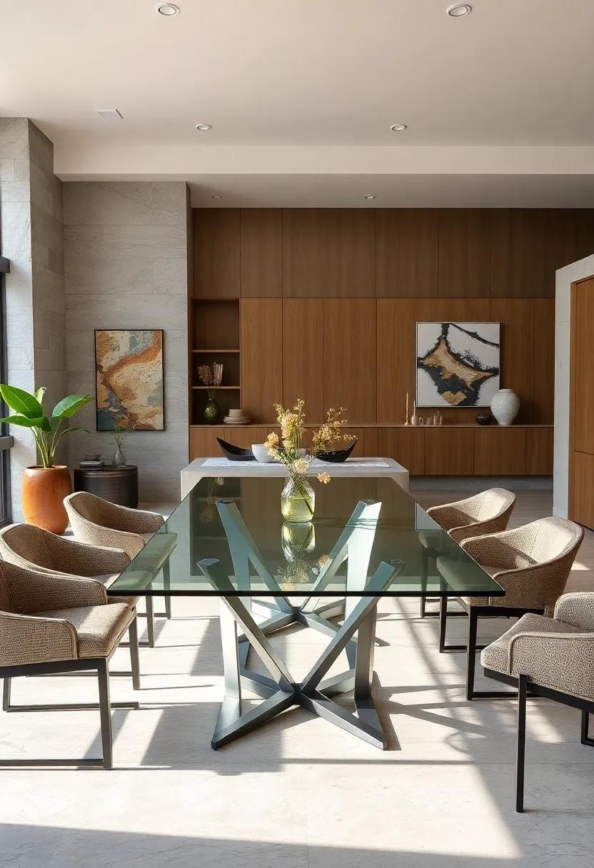 Glass and Steel Fusion: A contemporary glass tabletop with a geometric steel base,merging transparency with bold structure‌ for an airy yet robust ⁤feel