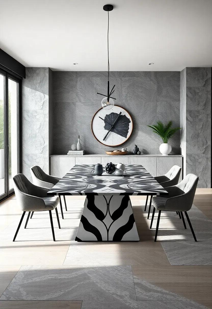 Monochrome Magic: A black and‌ white dining table⁣ with‍ striking patterns, creating a dramatic focal point that enhances surrounding decor