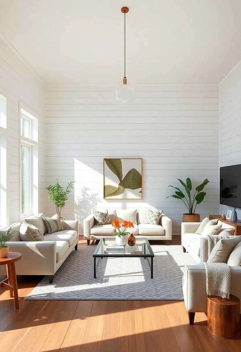 Embrace the serenity of minimalism with a‌ bright, airy⁣ living ⁢room, where white ⁣shiplap walls reflect⁤ natural light and ‌create a welcoming atmosphere at any time of the day