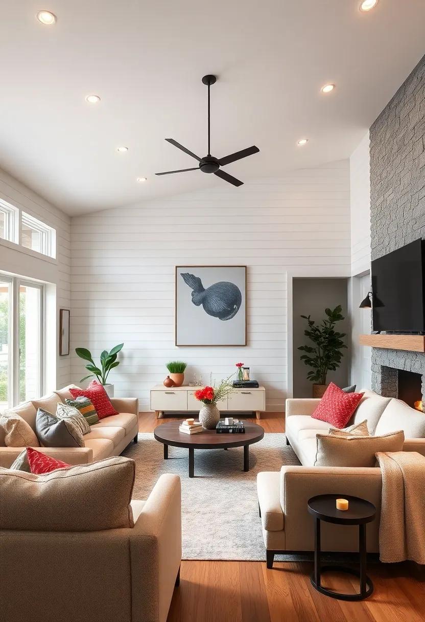 Use lighting strategically to highlight​ shiplap walls at night, transforming‍ your living room into a warm​ sanctuary, perfect for evening gatherings