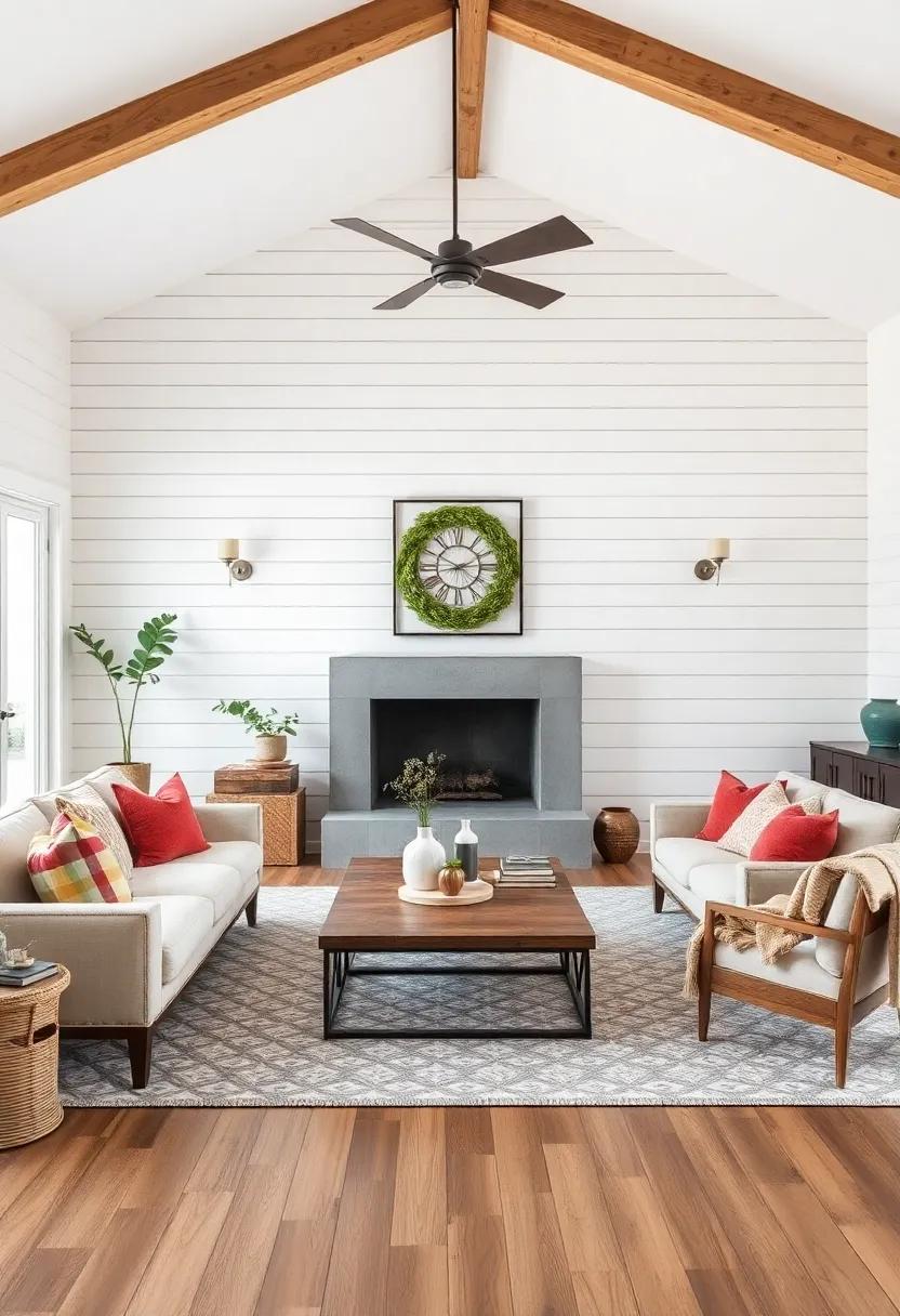 Lean ⁤into the rustic charm of reclaimed ⁤wood⁤ furniture set against pristine white shiplap, blending the old with ⁣the new for a ⁤distinctly cozy ambiance