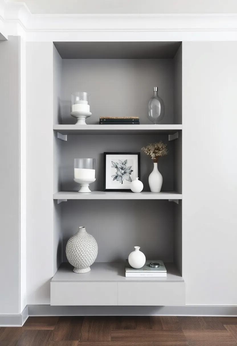 Embrace minimalist style with⁢ built-in gray shelving that features silver ⁢brackets to display your curated collection ‌effortlessly