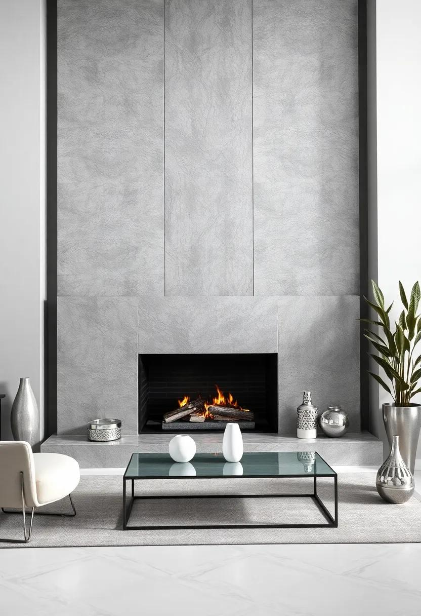 Choose a gray stone fireplace surrounded by​ silver‌ decorative⁣ elements for⁢ a stylish and inviting gathering spot
