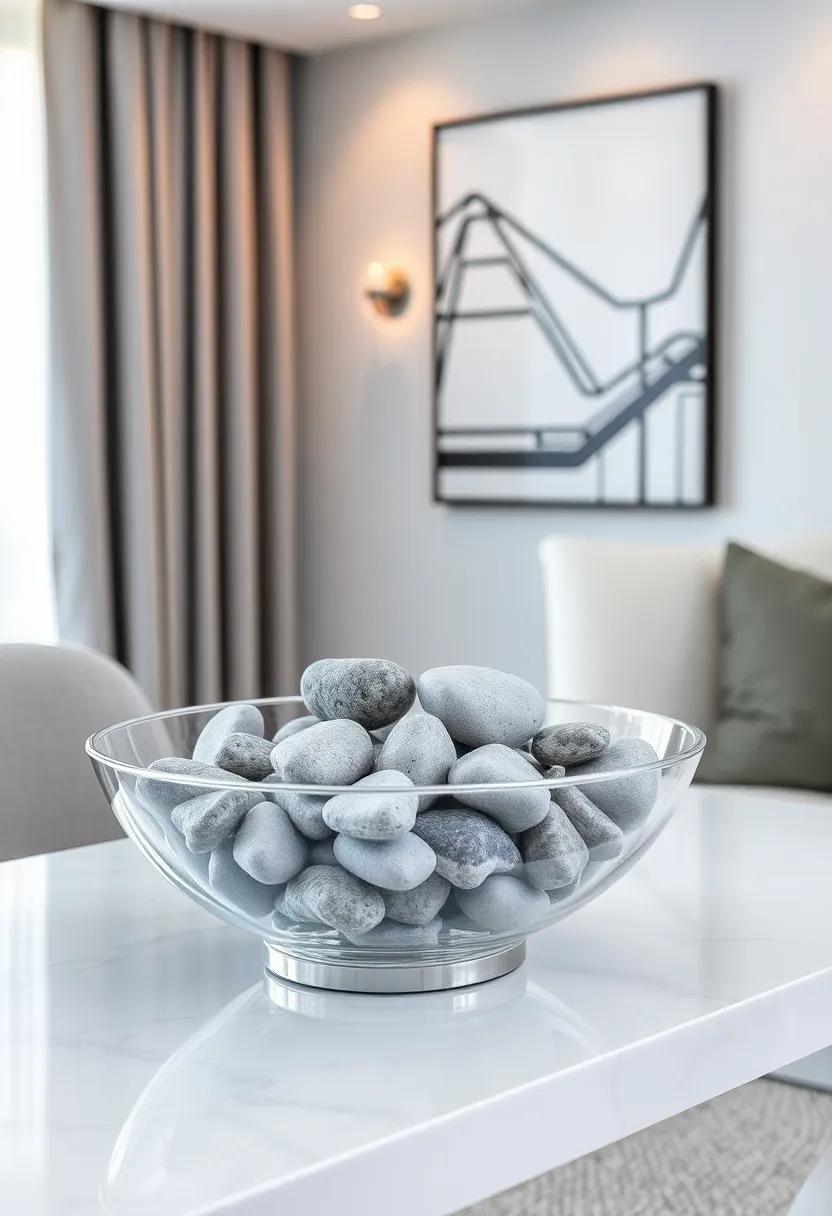 Use ⁢gray beach stones in⁢ a decorative bowl ⁢alongside silver accents to create an organic yet chic centerpiece