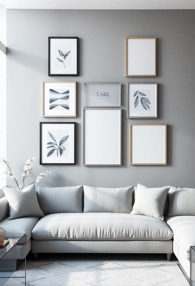 Design a contemporary gallery wall using gray frames mixed with ⁣silver⁤ accents ⁢for an artistic ⁤and sophisticated display