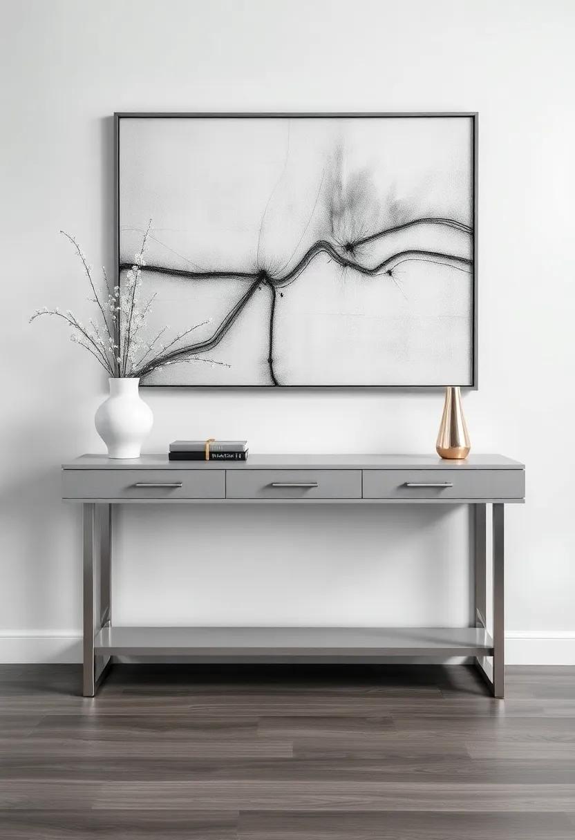 Make your entryway⁤ memorable with a gray console table outfitted with silver accents, setting the⁢ tone for‌ modern ‌luxury