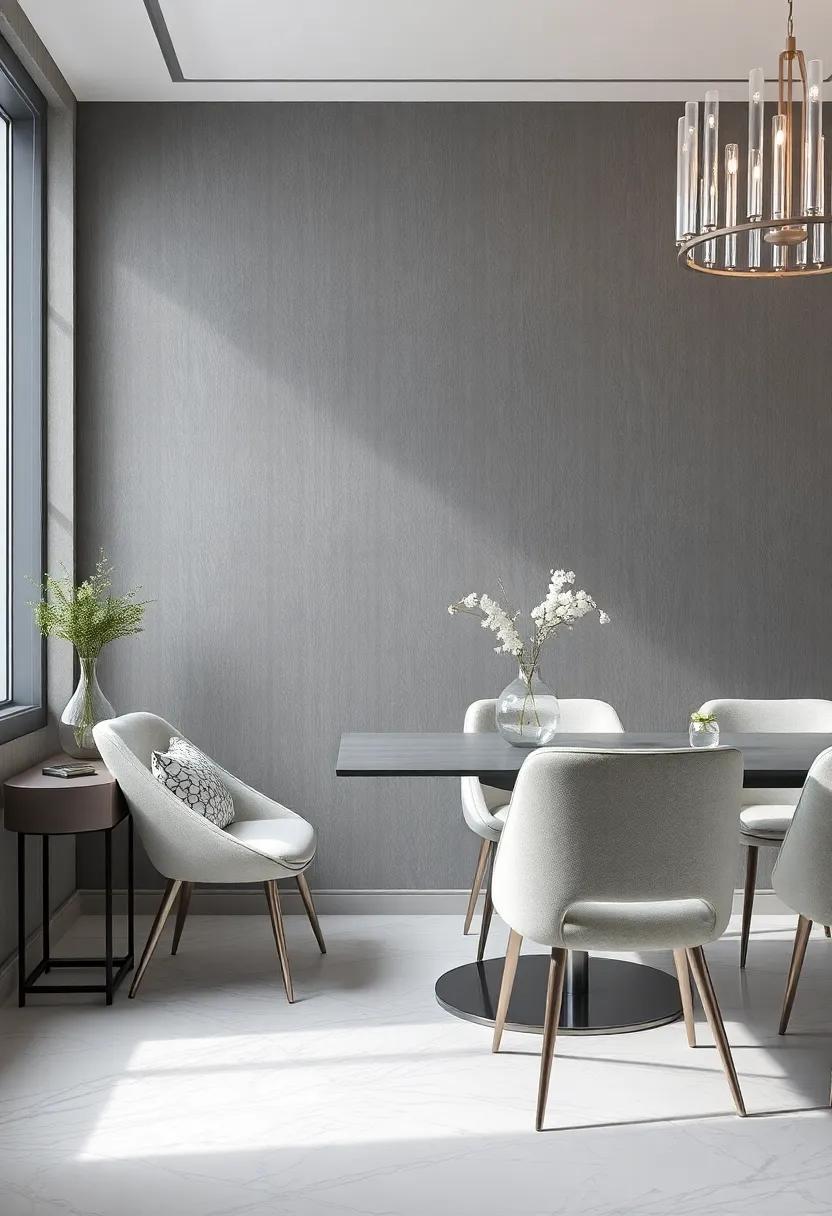 Integrate gray wallpaper with⁤ subtle⁤ silver patterns ‌to add depth and intrigue to your dining or living area
