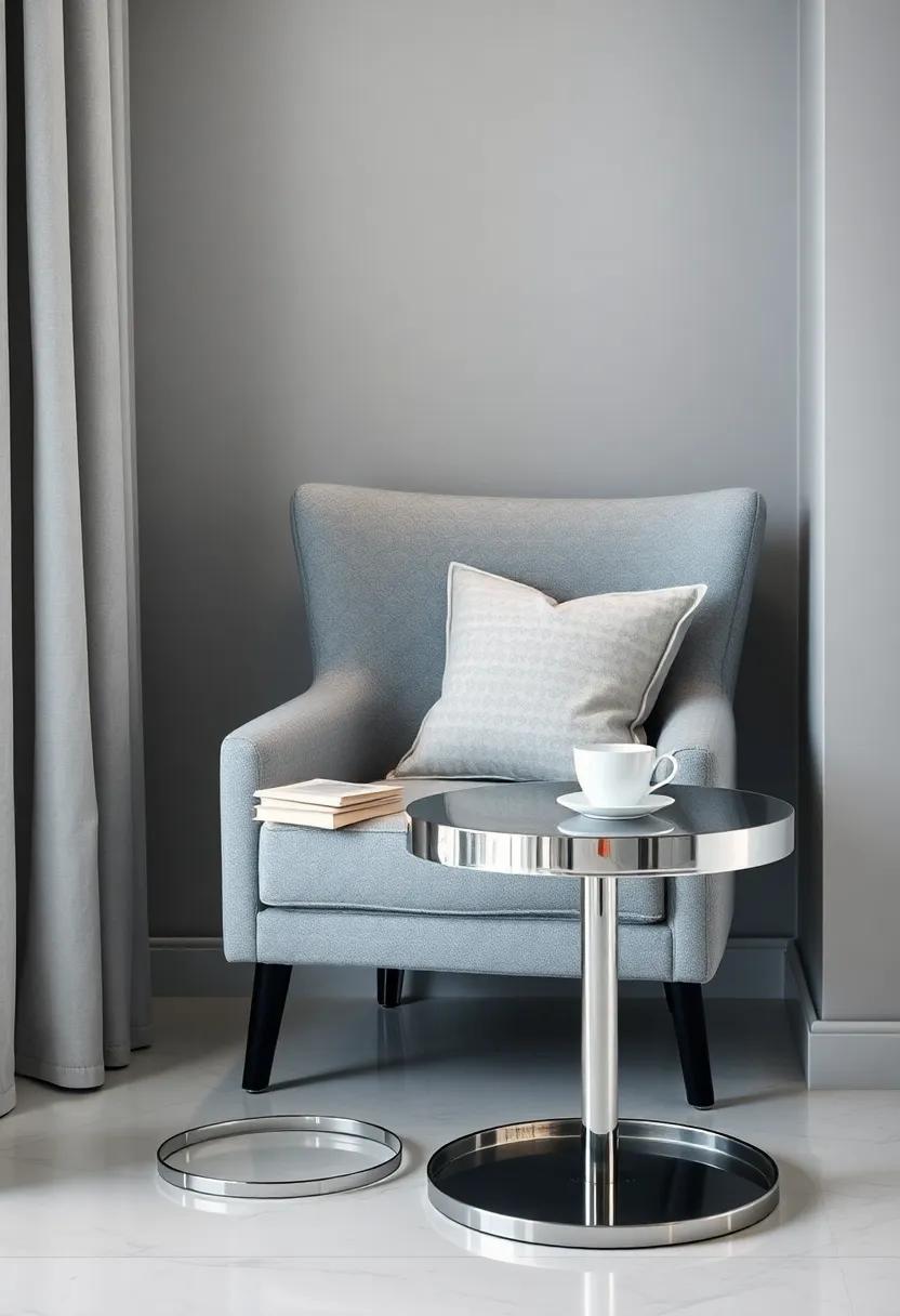 Create‍ a cozy reading nook with a gray ⁣armchair and‍ a shining silver side table for your‌ favorite ⁤novels and a warm cup ⁤of tea