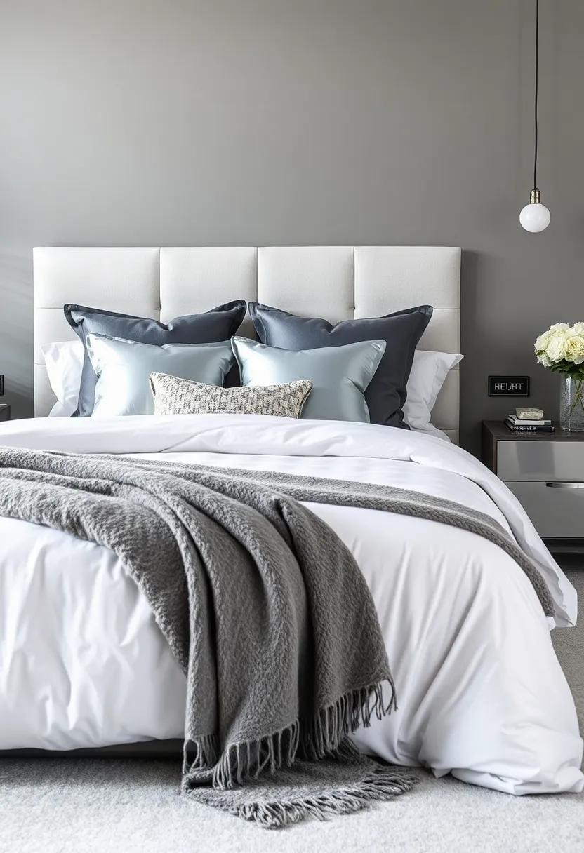 Layer textures in your bedroom with gray bedding, silver decorative pillows, and a plush gray throw for a romantic touch