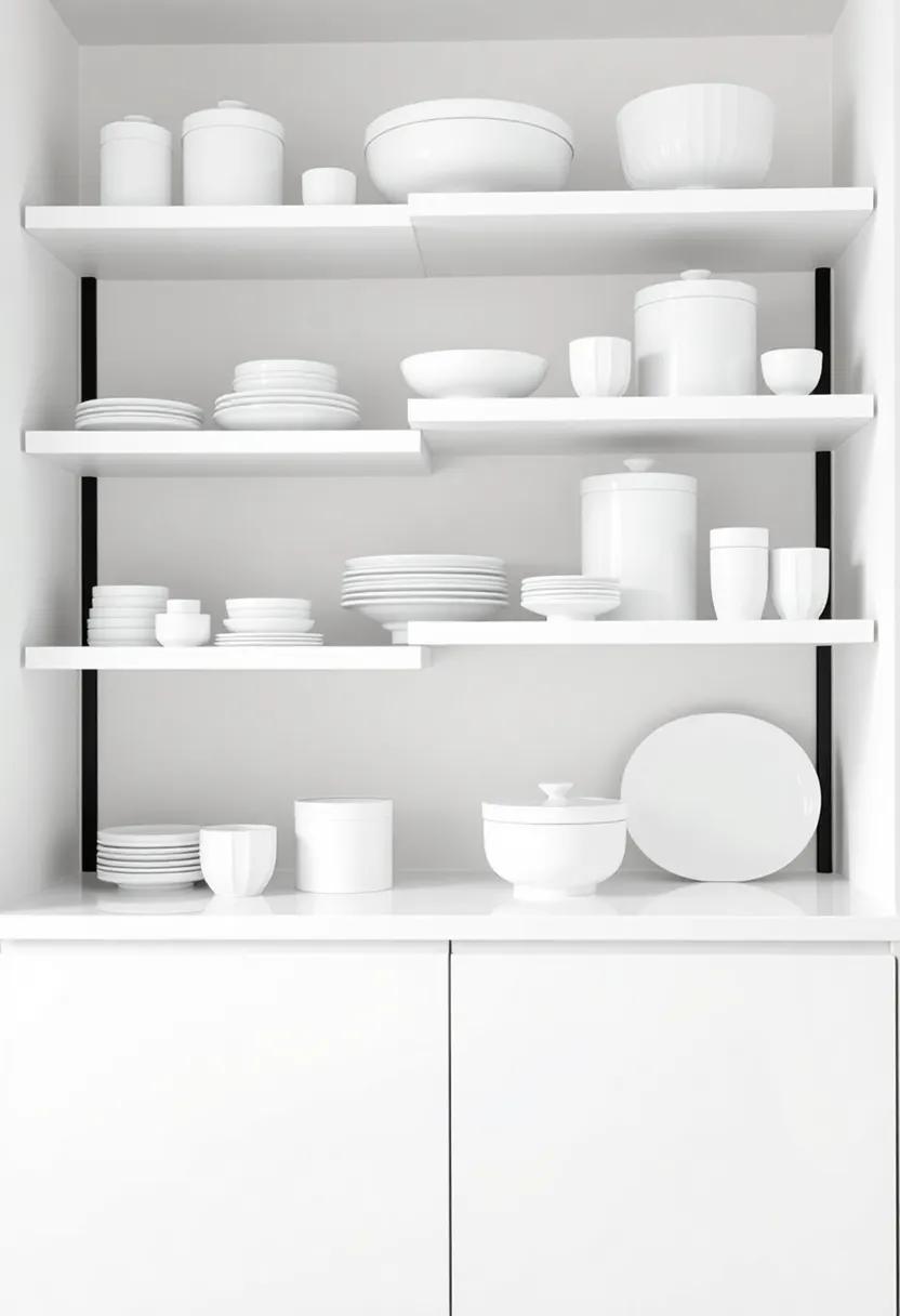 go monochromatic by selecting all-white dishes and containers for a chic, minimalist approach to open shelving