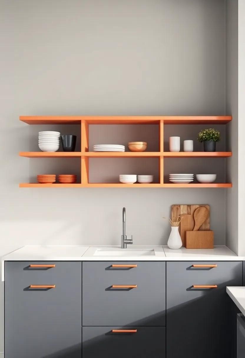 Use a bold color for your shelves to make a statement and complement the​ overall color scheme of your kitchen
