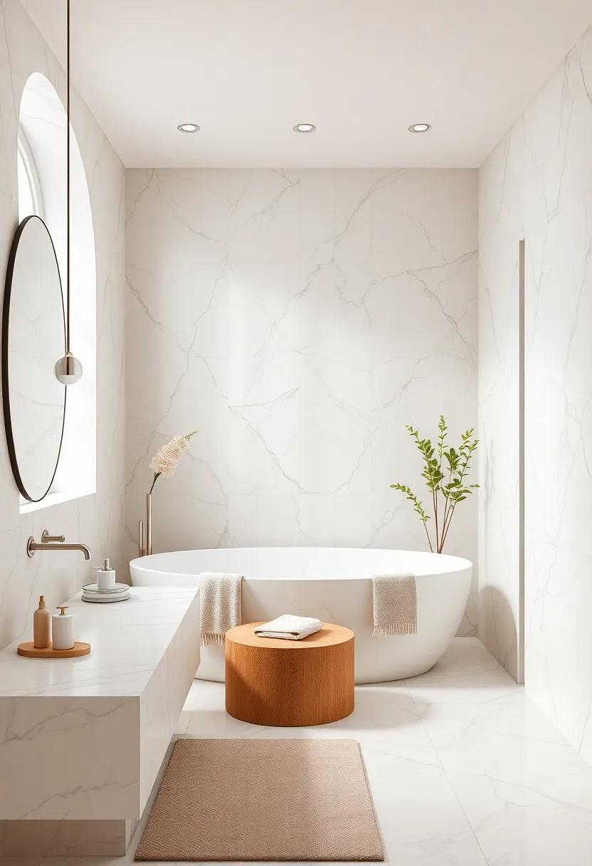 Spa Sanctuary: Create a serene retreat with soft​ shades of cream and ​beige alongside inviting marble elements for relaxation