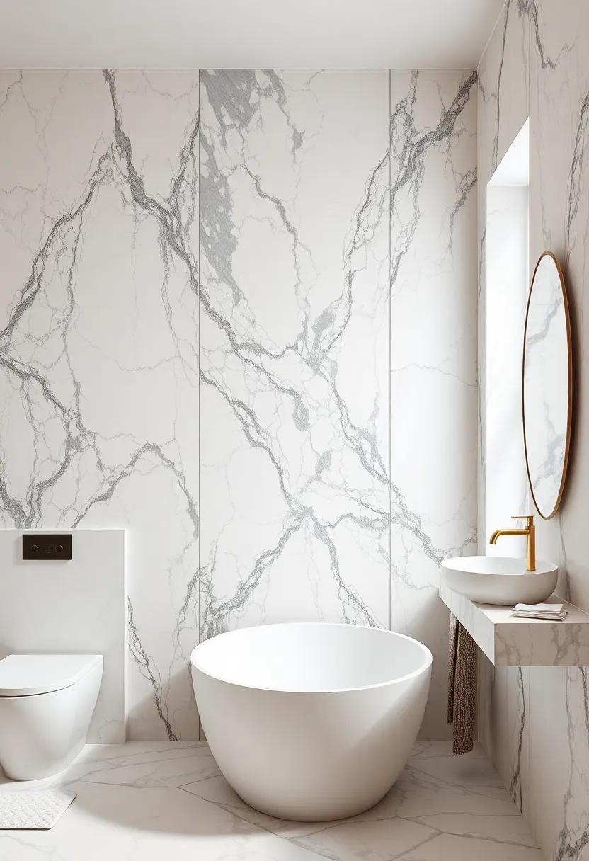 Artistic Flair: See how artistic marble patterns on walls can serve as focal points in a bathroom designed with subtle neutral undertones