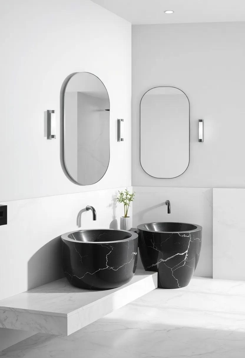 monochromatic Magic: Explore⁢ the beauty of varying shades of gray, enhanced by sleek black marble sinks that add a modern ⁤touch