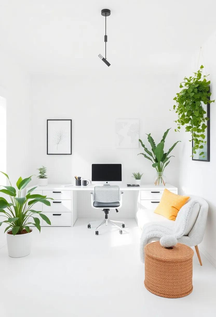 Bright White Sanctuary: A completely ⁢white office with pops​ of greenery promotes clarity and focus, allowing the mind to⁢ thrive