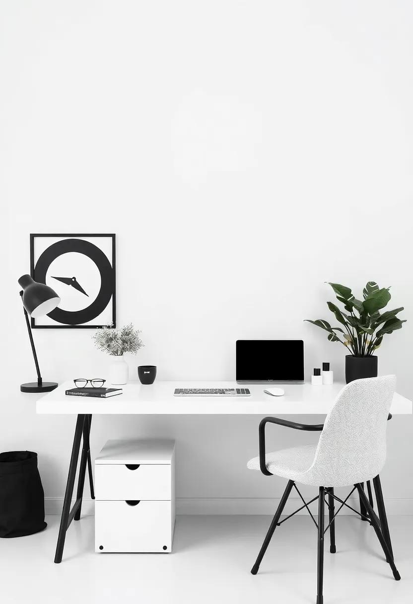 Minimalist Monochrome: A sleek desk ‍paired ⁣with black and white decor​ elements creates⁢ a ⁤calming space free of distractions