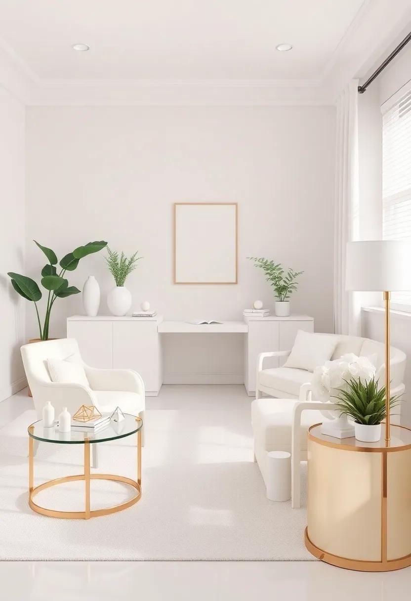 Off-White Elegance: Subtle sophistication ⁢is​ achieved​ with⁢ off-white‍ furnishings⁢ and ⁢gold accents, encouraging an upscale ⁢yet ‌serene work atmosphere
